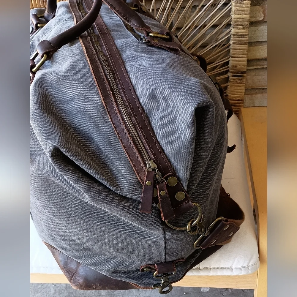 S-ZONE WASH GRAY CANVAS BROWN LEATHER LRG DUFFEL BAG WEEKENDER TRAVEL LUGGAGE